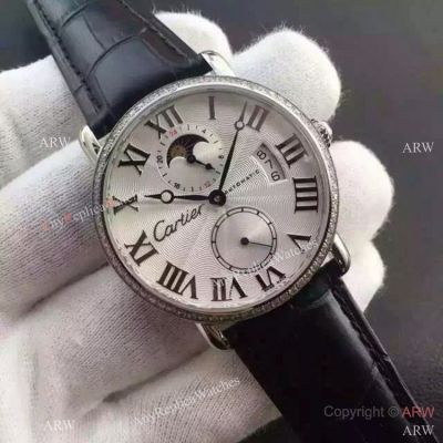 Copy Swiss Cartier Louis Moon Phase Watch SS Diamond Bezel